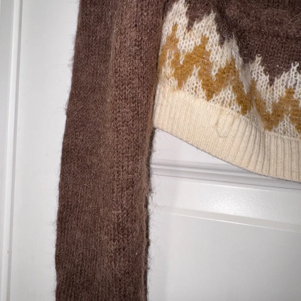 J.Crew Brown Fair Isle Alpaca Wool Blend Cropped Cardigan Gold Button BV354 XS